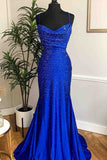 Royal Blue Beaded Cowl Neck Mermaid Long Prom Dress EWQ019