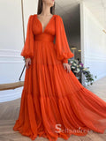 A-line Orange Chiffon V neck Long Prom Dress With Long Sleeve Cheap Evening Gowns POL013|Selinadress