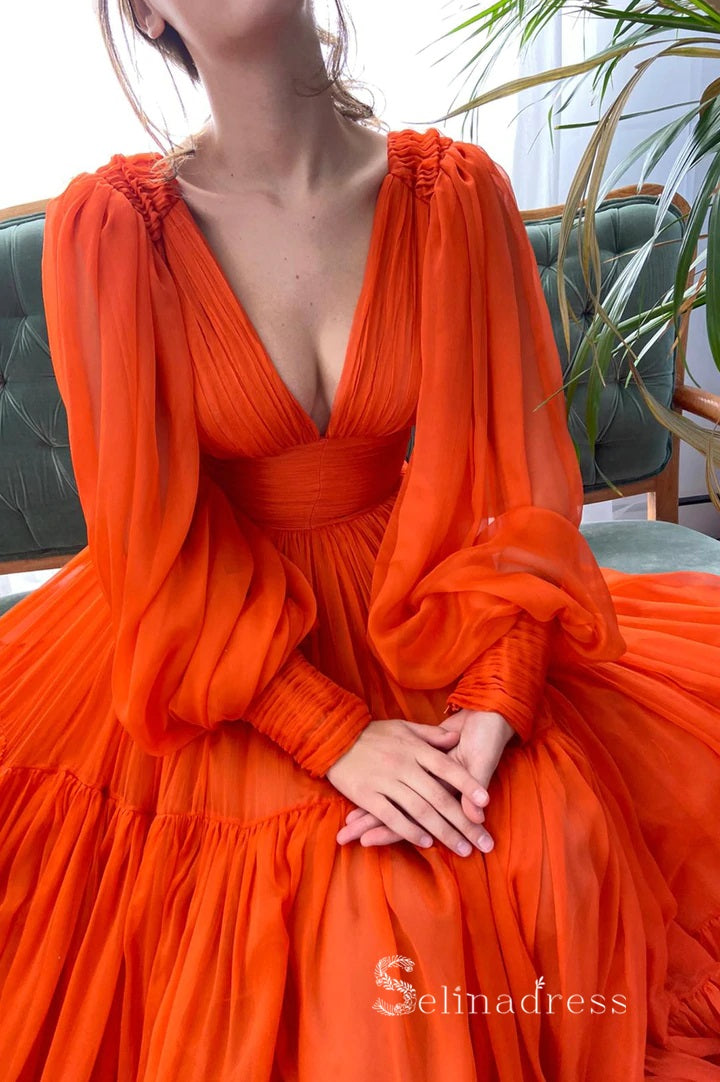 A-line Orange Chiffon V neck Long Prom Dress With Long Sleeve Cheap Ev SELINADRESS A-line Orange Chiffon V neck Long Prom Dress With Long Sleeve Cheap Ev SELINADRESS