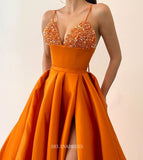 A-line Spaghetti Straps Lilac Prom Dress Thigh Split Satin Evening Gowns #POL107