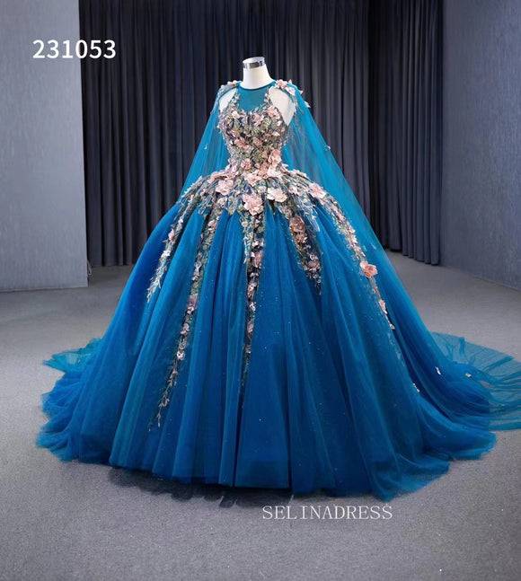 Pink Floral Blue Ball Gowns Wedding Dresses Tulle Cape Pageant Dresses 231053|Selinadress