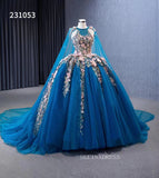 Pink Floral Blue Ball Gowns Wedding Dresses Tulle Cape Pageant Dresses 231053|Selinadress