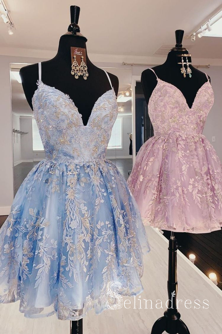 Pink Spaghetti Straps Lace Short Prom Dresses Homecoming Dresses MHL114 - Us Size 2 / Blue Pink Spaghetti Straps Lace Short Prom Dresses Homecoming Dresses MHL114 - Us Size 2 / Blue