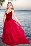 Burgundy A Line Tulle Strapless Prom Dress Long Formal Ball Dress, Evening Dress,Formal Dresses SDE014