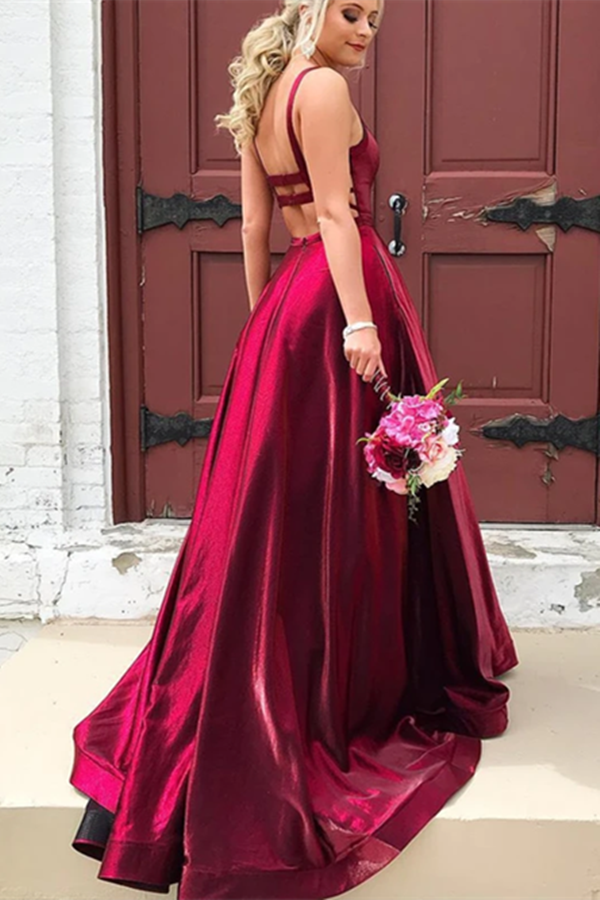 Burgundy A line Long Satin Spaghetti Straps Prom Dresses With Pockets, SELINADRESS Burgundy A line Long Satin Spaghetti Straps Prom Dresses With Pockets, SELINADRESS