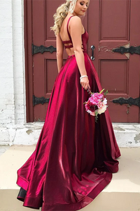 Burgundy A line Long Satin Spaghetti Straps Prom Dresses With Pockets,Sexy Formal Dresses SDE013
