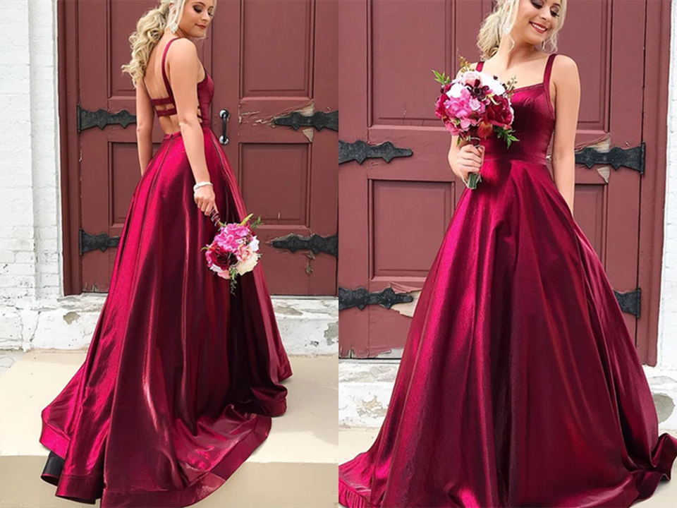 Burgundy A line Long Satin Spaghetti Straps Prom Dresses With Pockets, SELINADRESS Burgundy A line Long Satin Spaghetti Straps Prom Dresses With Pockets, SELINADRESS