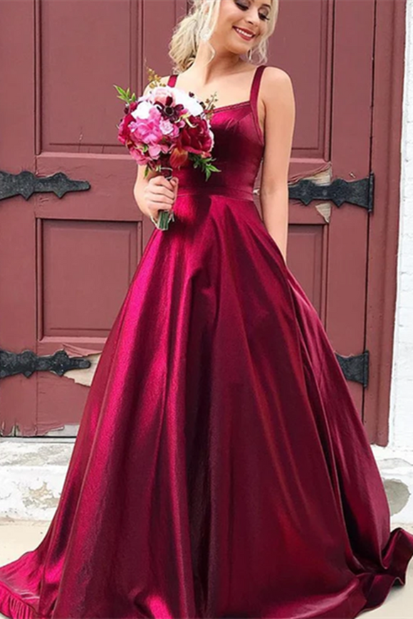 Burgundy A line Long Satin Spaghetti Straps Prom Dresses With Pockets,Sexy Formal Dresses SDE013