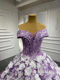 Off-the Shoulder 3D Floral Long Prom Dress luxurious Ball Gown Lilac Evening Dress RSM6601