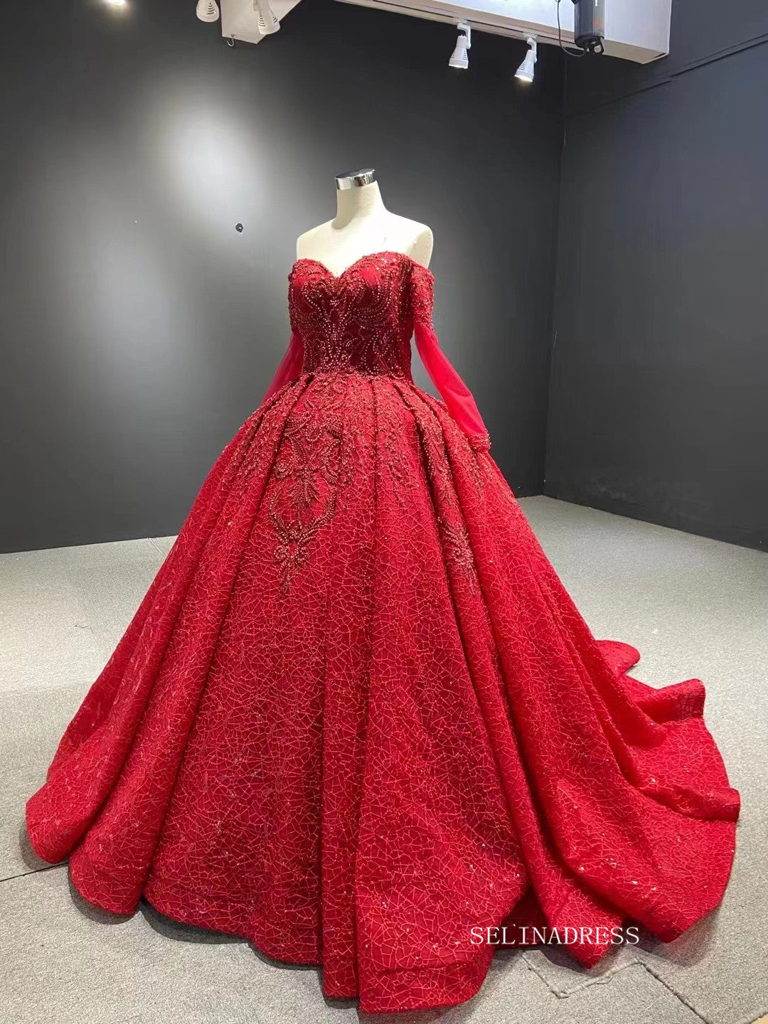 Luxury Strapless Long Sleeve Red Ball Gown Prom Dress Beaded Quincess SELINADRESS Luxury Strapless Long Sleeve Red Ball Gown Prom Dress Beaded Quincess SELINADRESS