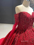 Luxury Strapless Long Sleeve Red Ball Gown Prom Dress Beaded Quincess Evening Gowns RSM67160|Selinadress
