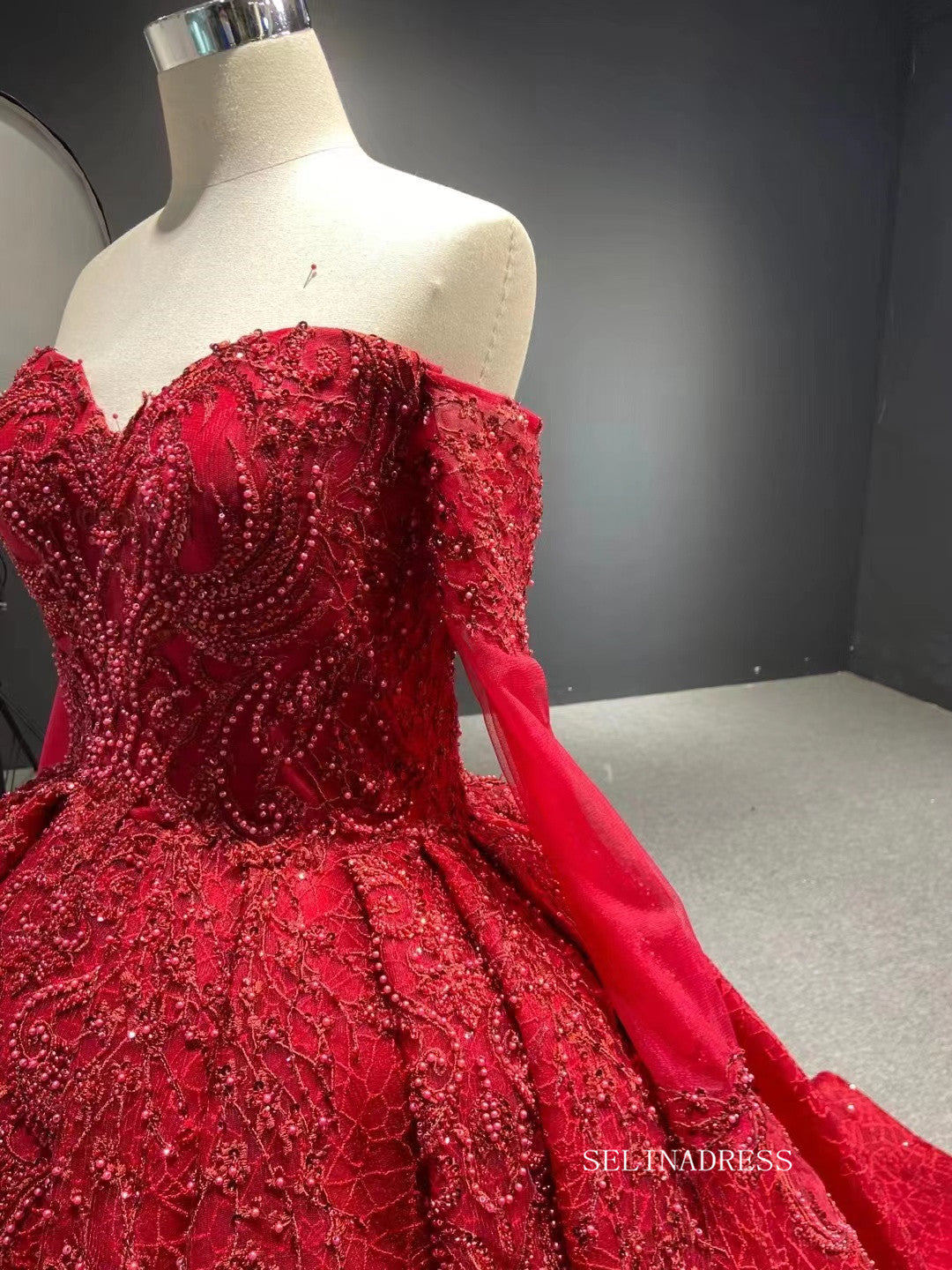 Luxury Strapless Long Sleeve Red Ball Gown Prom Dress Beaded Quincess SELINADRESS Luxury Strapless Long Sleeve Red Ball Gown Prom Dress Beaded Quincess SELINADRESS