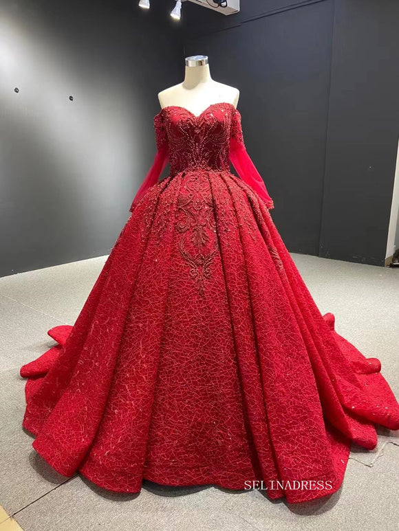 Luxury Strapless Long Sleeve Red Ball Gown Prom Dress Beaded Quincess Evening Gowns RSM67160|Selinadress