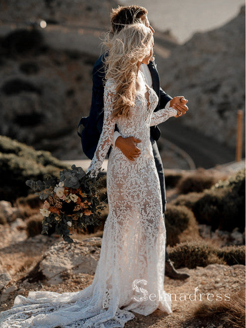 Rustic See Through Lace Wedding Dresses V neck Long Sleeve Mermaid Wed –  SELINADRESS