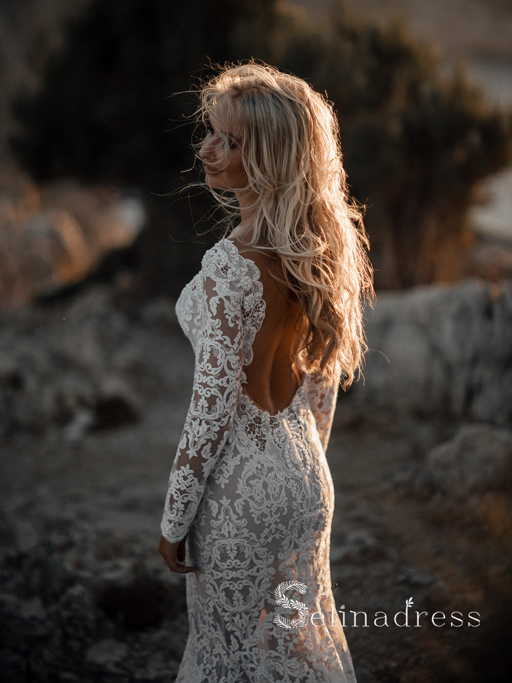 long sleeve lace wedding dress v neck Lace Mermaid V-neck Long Sleeves Bohemian Wedding Dress WD652 US6 / Ivory