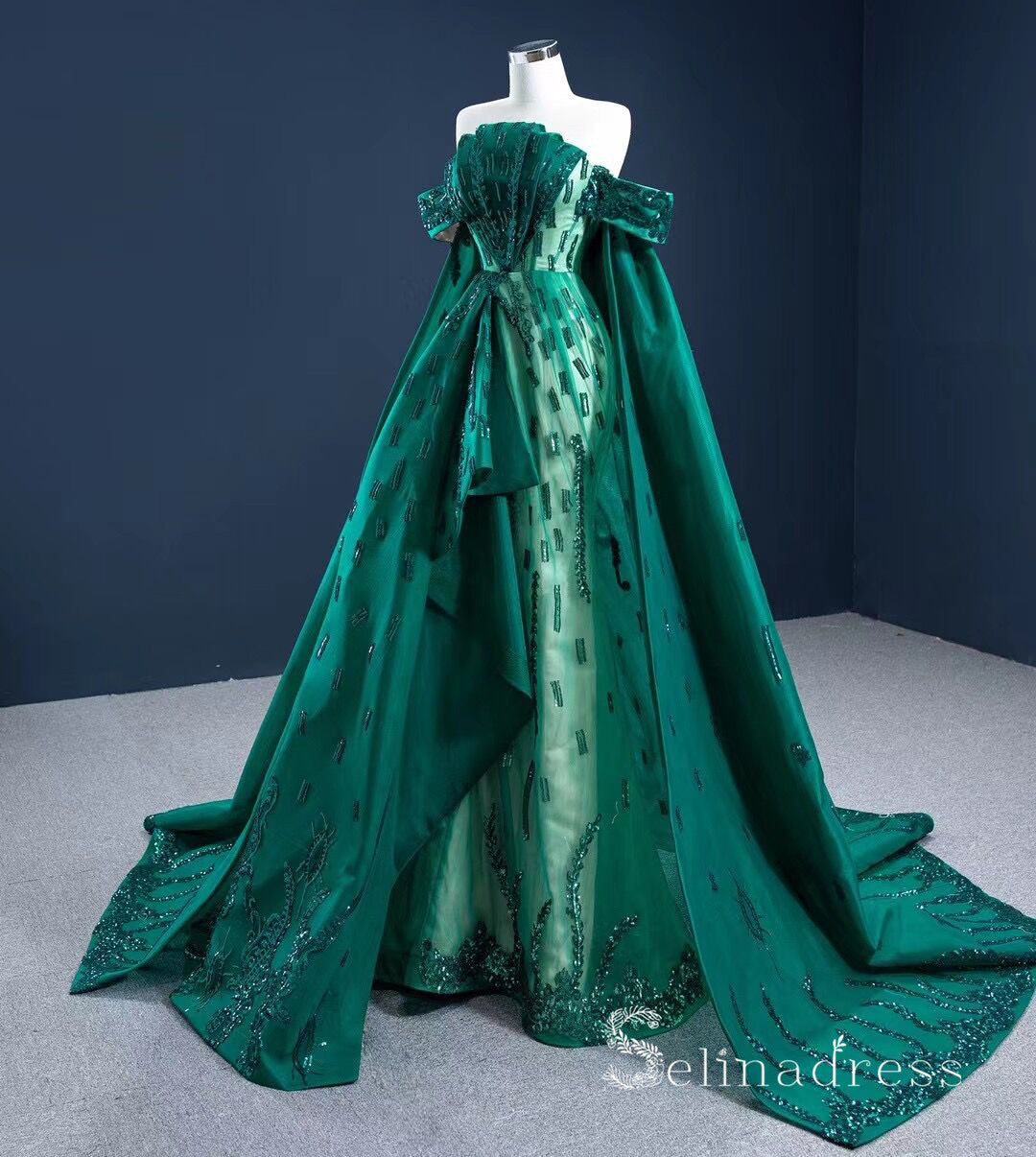 Haute Couture Off-the-shoulder Green Long Prom Dresses Beaded Pageant SELINADRESS Haute Couture Off-the-shoulder Green Long Prom Dresses Beaded Pageant SELINADRESS
