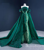 Haute Couture Off-the-shoulder Green Long Prom Dresses Beaded Pageant Gown SC001