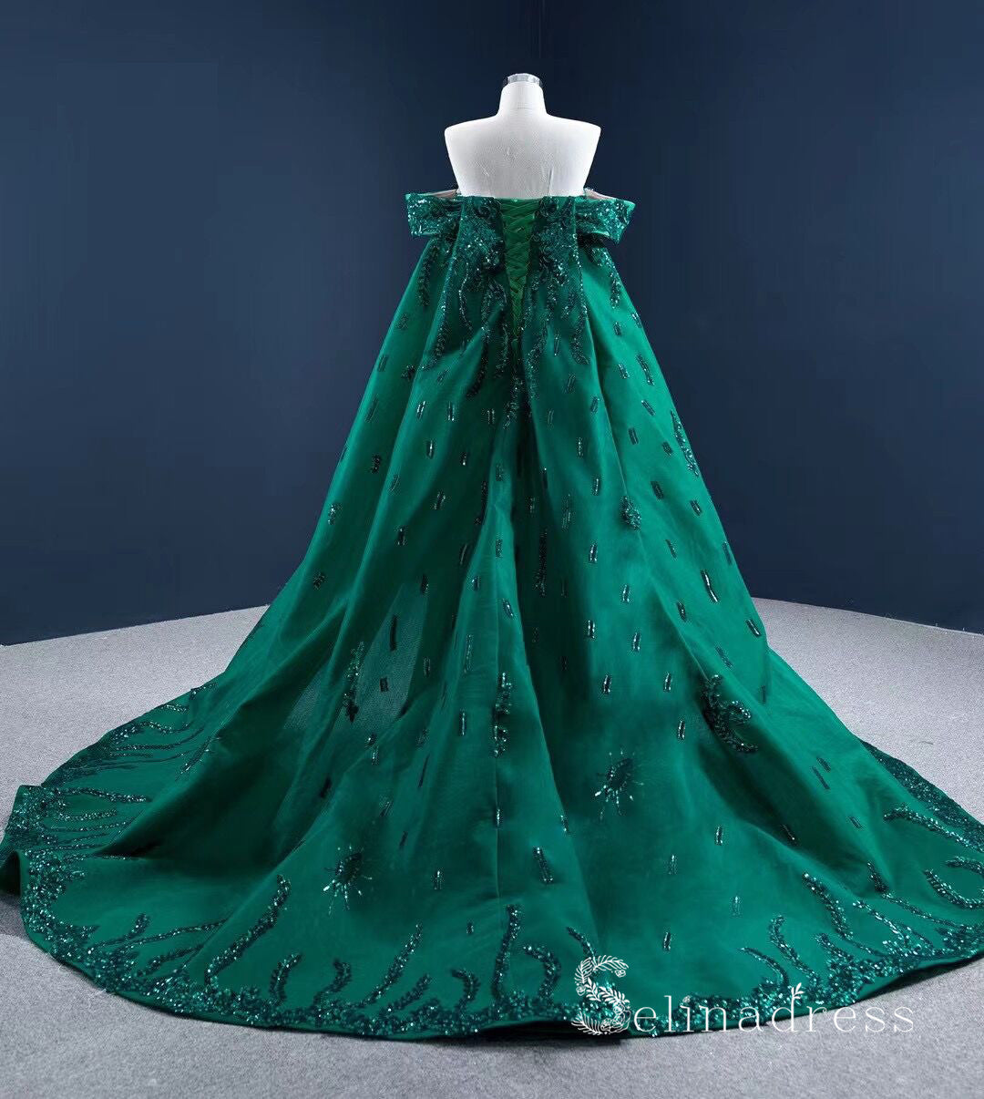 Haute Couture Off-the-shoulder Green Long Prom Dresses Beaded Pageant SELINADRESS Haute Couture Off-the-shoulder Green Long Prom Dresses Beaded Pageant SELINADRESS