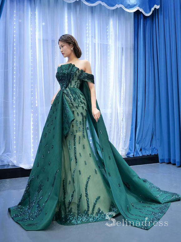 Haute Couture Off-the-shoulder Green Long Prom Dresses Beaded Pageant Gown SC001