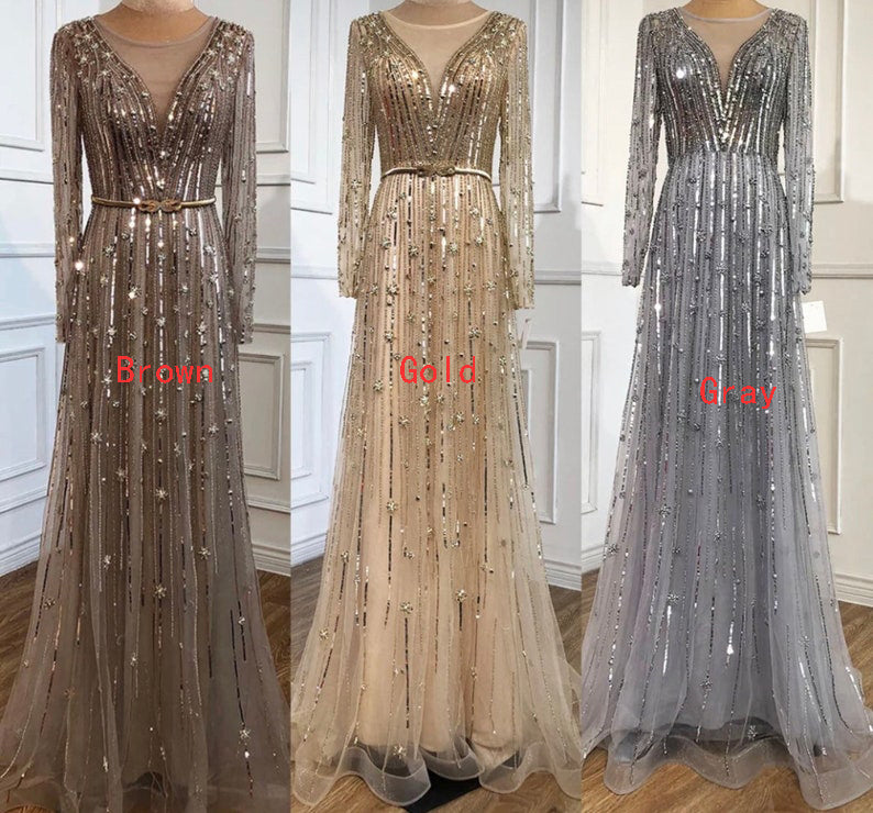 Selinadress A line Dubai Luxury Long Sleeve Rhinestone Prom Dress Formal Evening Gowns SC055 - Us Size 2 / Gold Selinadress A line Dubai Luxury Long Sleeve Rhinestone Prom Dress Formal Evening Gowns SC055 - Us Size 2 / Gold