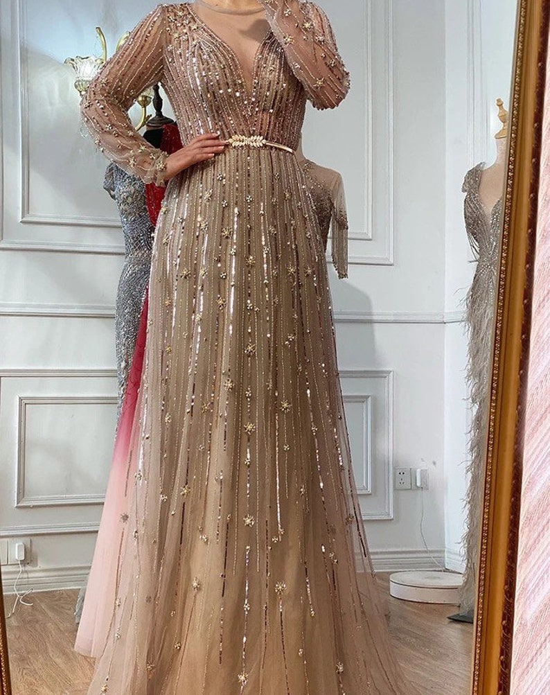 Selinadress A line Dubai Luxury Long Sleeve Rhinestone Prom Dress Form SELINADRESS Selinadress A line Dubai Luxury Long Sleeve Rhinestone Prom Dress Form SELINADRESS