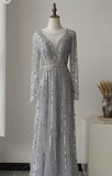 Selinadress A line Dubai Luxury Long Sleeve Rhinestone Prom Dress Formal Evening Gowns SC055