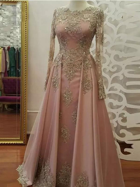 Pearl Pink Long Prom Dresses Scoop Long Sleeve Sparkly Long Prom Dress Evening Dresses SE001