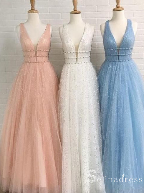 A-line  V-neck Sleeveless Sparkly Tulle Long Prom Dress Evening Dresses SE002
