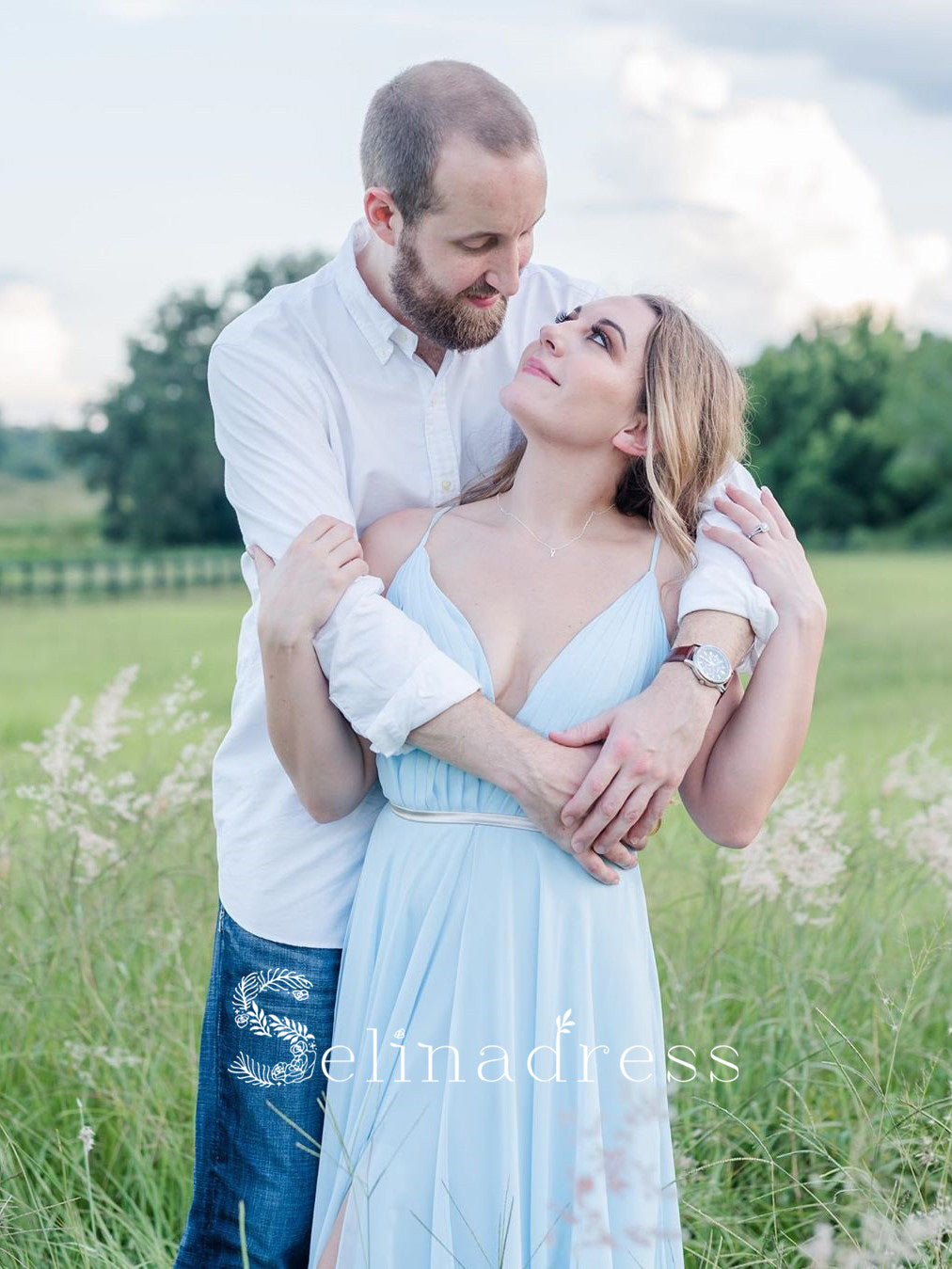 Thigh Split Sky Blue Rustic Wedding Dresses Prom Dress Beach Wedding Gown with Court Train SE009|Selinadress SELINADRESS Thigh Split Sky Blue Rustic Wedding Dresses Prom Dress Beach Wedding Gown with Court Train SE009|Selinadress SELINADRESS