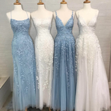 V Neck Baby Blue Lace Long Senior Prom Dress With Applique Tulle Vintage Evening Dress SED033