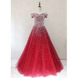 A-line Off-the-shoulder Pink Sparkly Long Prom Dress Beaded Evening Dress SED034