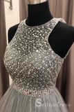 A-line Scoop Beaded Long Prom Dresses Gray Sparkly Gorgeous Evening Gowns Formal Dresses SED040|Selinadress