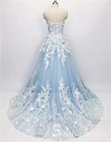 Chic A-line Strapless Light Sky Blue Lace Long Prom Dresses Unique Party Dress SED059|Selinadress
