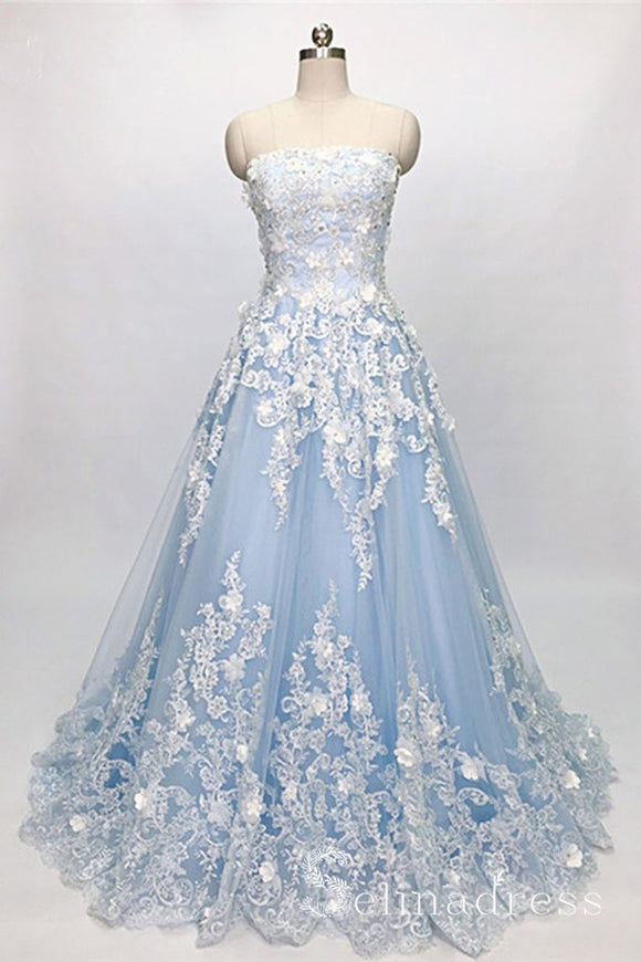 Chic A-line Strapless Light Sky Blue Lace Long Prom Dresses Unique Party Dress SED059|Selinadress