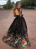 Chic Black Two Pieces Prom Dresses With Floral Lace Long Formal Dress Evening Gowns SED107