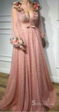 V-neck Pink Long Prom Dresses With Sleeve Floral Long Formal Evening Gowns SED129|Selinadress