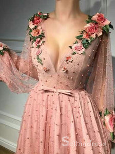 V-neck Pink Long Prom Dresses With Sleeve Floral Long Formal Evening Gowns SED129|Selinadress