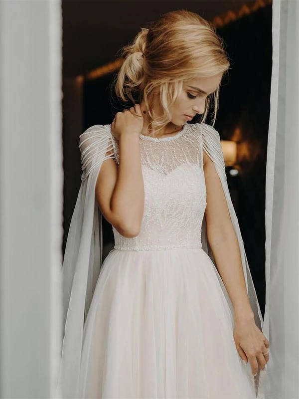 Cap Sleeve Scoop Chiffon Wedding Gowns Lace Beaded Bodice Boho Bridal SELINADRESS Cap Sleeve Scoop Chiffon Wedding Gowns Lace Beaded Bodice Boho Bridal SELINADRESS