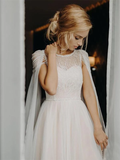 Cap Sleeve Scoop Chiffon Wedding Gowns Lace Beaded Bodice Boho Bridal Dress SED161