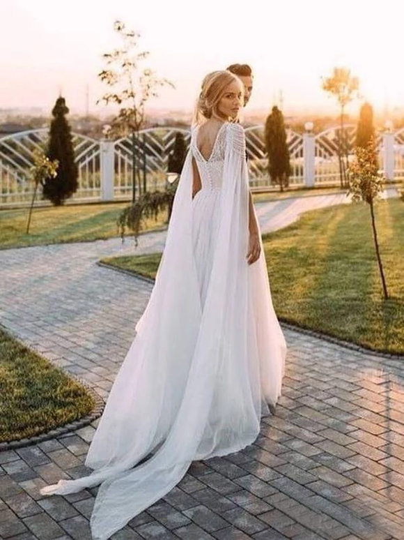 Cap Sleeve Scoop Chiffon Wedding Gowns Lace Beaded Bodice Boho Bridal Dress SED161