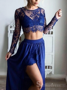 A-line Long Sleeve Prom Dresses Two Piece Long Prom Dress Lace Evening Dress #SED182