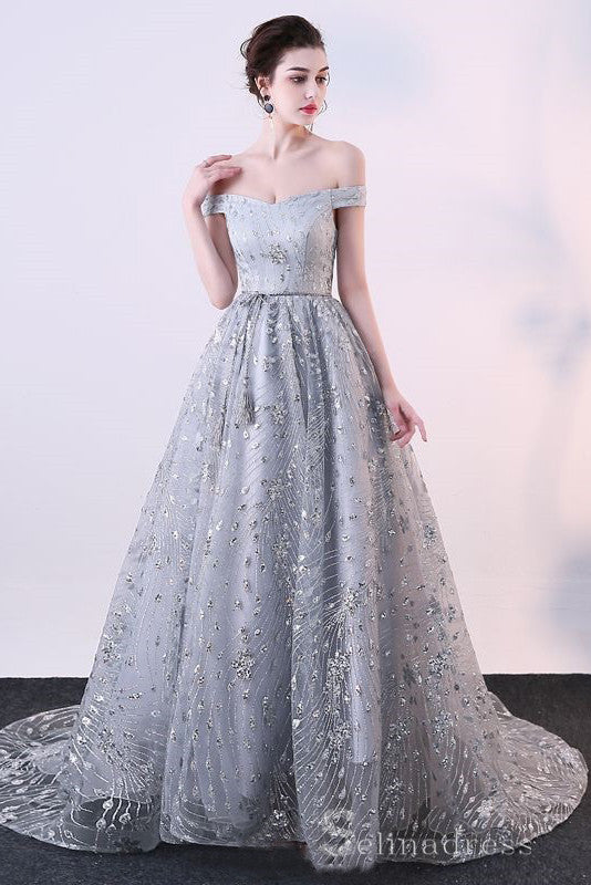  A-Line Sparkly Grey Evening Dresses Glitter Sequins Princess Off-The-Shoulder Formal Dresses #SED198 | Selinadress