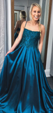 Teal Satin Lace Spaghetti Strap Open Back A-Line Prom Dresses #SED217