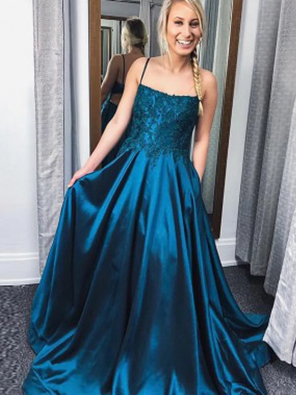 Teal Satin Lace Spaghetti Strap Open Back A-Line Prom Dresses #SED217
