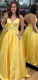 Yellow Satin V-Neck Scoop Back Beading Pocket Prom Dresses #SED220