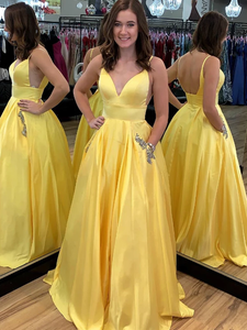 Yellow Satin V-Neck Scoop Back Beading Pocket Prom Dresses #SED220
