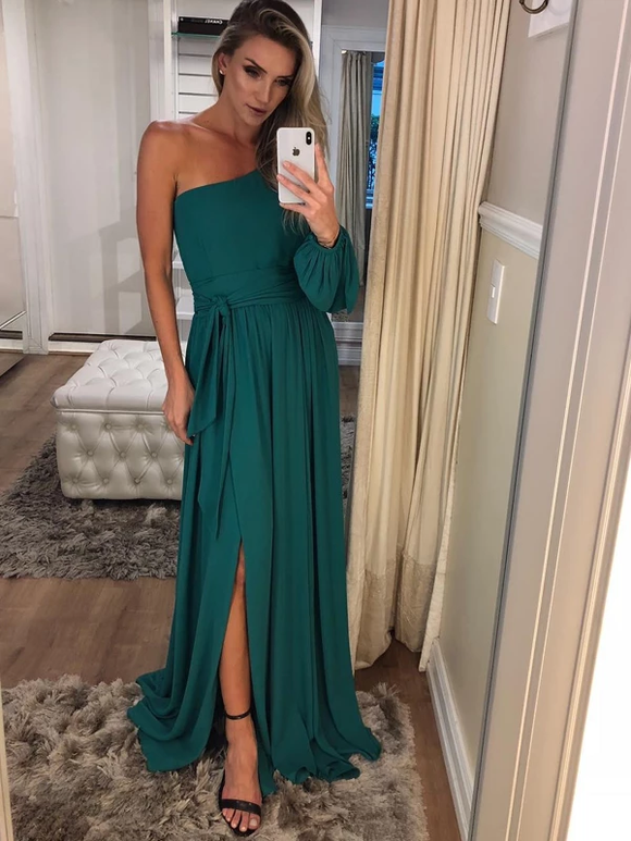 One Shoulder Long Sleeve Teal Chiffon Prom Dresses #SED221