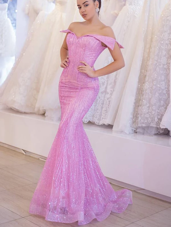 Pink Off Shoulder Mermaid Sequined Organza Charming Shiny Prom Dresses #SED222