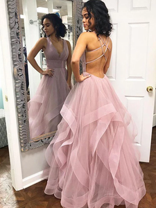 Blush Pink Ball Gown Ruffles Criss-Cross Backless Prom Dresses Evening Dresses #SED227