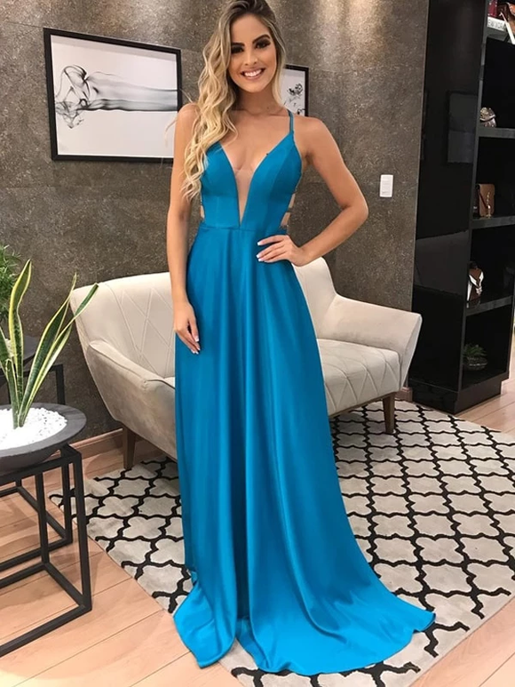 Elegant Spaghetti Strap Simple Elastic Satin Blue Prom Dresses Evening Dress #SED230